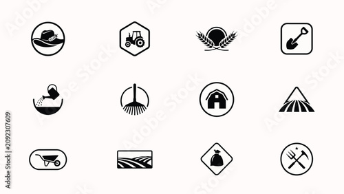 Fotografija Twelve minimalist black icons representing agricultural and farming industry too