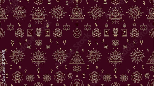 Bild auf Leinwand Seamless background pattern featuring ancient alchemical symbols and esoteric ic