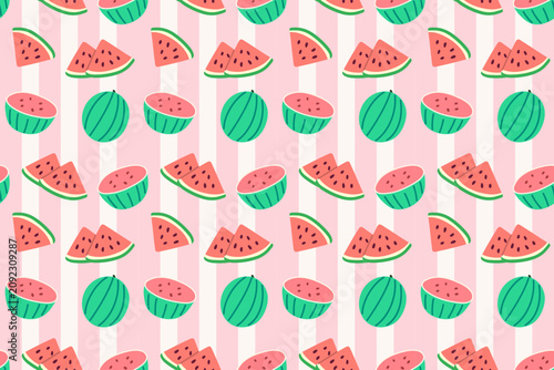 Summer Watermelon Slices and Stripes Seamless Pattern Background