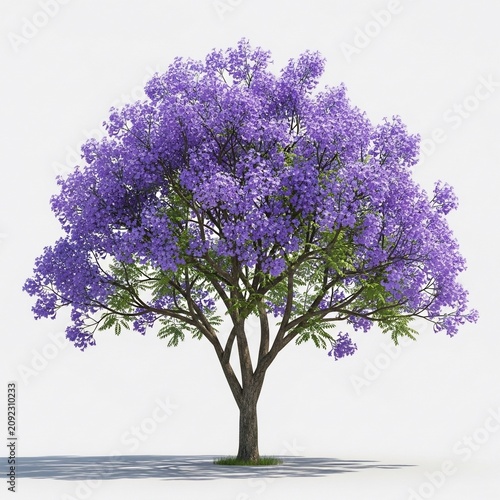 Vibrant 3D Jacaranda tree, luminous purple blooms, hyper-realistic texture, soft ambient lighting, airy depth.