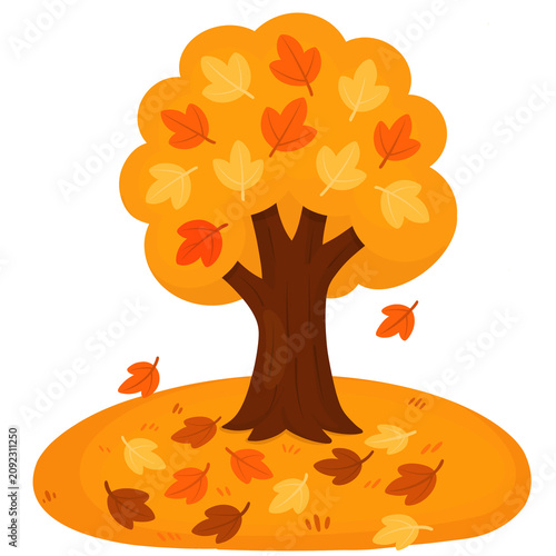 Autumn Tree with Falling Leaves Seasonal Nature Illustration