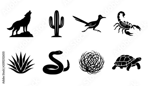 Desert Animals and Plants Silhouette Set, Black Wildlife Icons with Coyote Cactus Snake Scorpion and Turtle