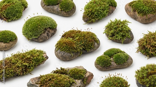 Realistic Moss Species Growing on Stones Botanical Collection