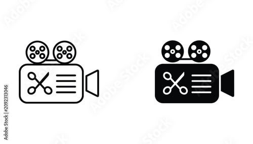Foto Minimalist film editing icon set featuring vintage movie camera with cut scissor