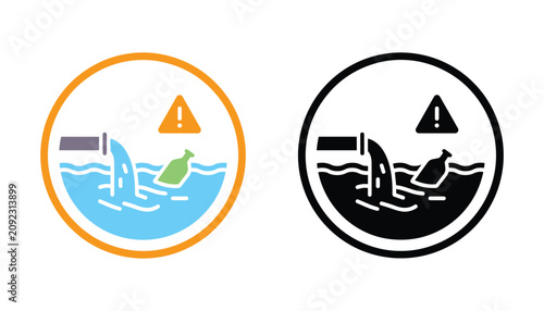 Water pollution warning icon set featuring industrial pipe dumping waste into river in vibrant color and solid black vector graphic style for environmental protection awareness