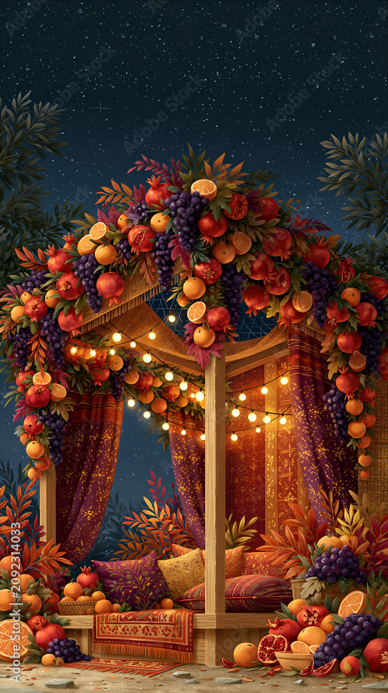 Fototapeta premium Cozy sukkah hut illustration with fruit garlands for Sukkot