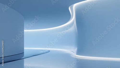 Futuristic minimalist interior with elegant curved light and smooth white walls and reflective floor creating an ethereal atmosphere with cool blue tones and soft illumination