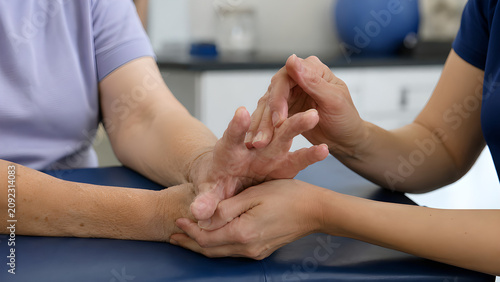 Rheumatoid arthritis hands clinical procedure concept, photorealistic close up of deformed finger joints examined by doctor in clinic for medical education, rheumatology care and patient communication