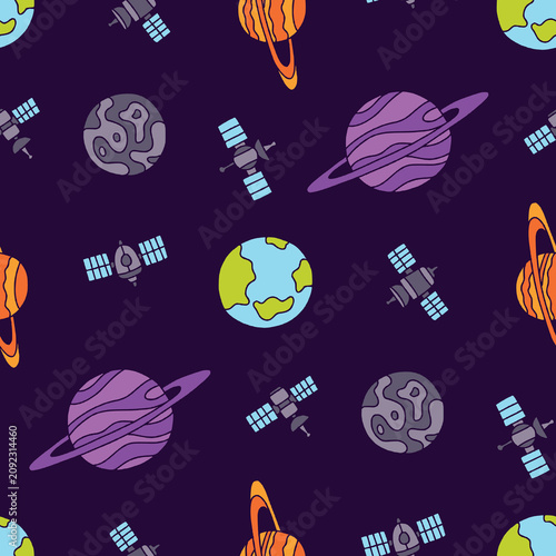 Vector Seamless Pattern of Planet Space satellite Background for Fashion Wrapping Print Fabric Surface
