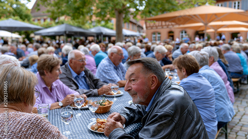Menschen sitzen gesellig an Tischen und genießen Speisen im Freien