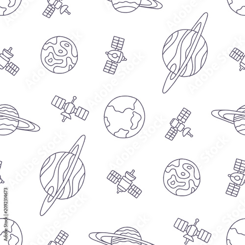 Outline Vector Seamless Pattern of Planet Space satellite  Background for Fashion Wrapping Print Fabric