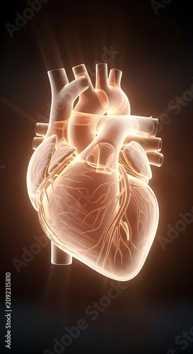 Anatomical human heart illustration glowing on dark background.