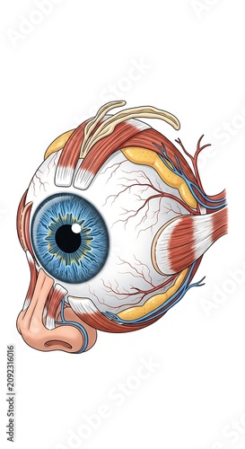 Anatomical Illustration of Human Eye Anatomy with Extraocular Muscles.