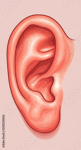 Anatomical illustration of a human ear on a light pink background.