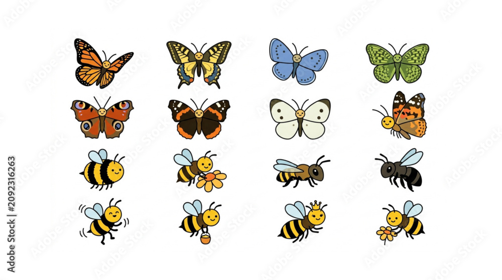 Obraz premium Playful Bee and Butterfly Kids Vector Illustration Pack with Colorful Flying Insects