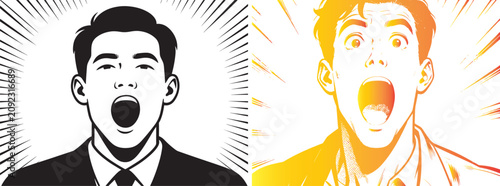 Fotografía Comic book style illustrations of surprised men with open mouths and speed lines