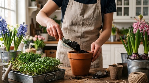 Person in apron potting plant in clay pot with soil using trowel in kitchen with hyacinths and microgreens organic gardening lifestyle concept