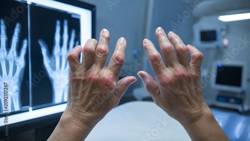 Rheumatoid arthritis hand joints radiology concept with inflamed synovium, swollen fingers and wrist inflammation in clean clinical imaging room for medical education and patient care design