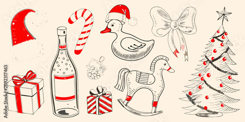 Obraz na plátně Holiday Elements Collection Hand drawn Vector Illustration With Red Accents