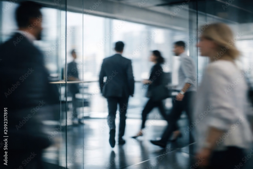 Fototapeta premium Blurred motion of business people walking in a modern office setting.