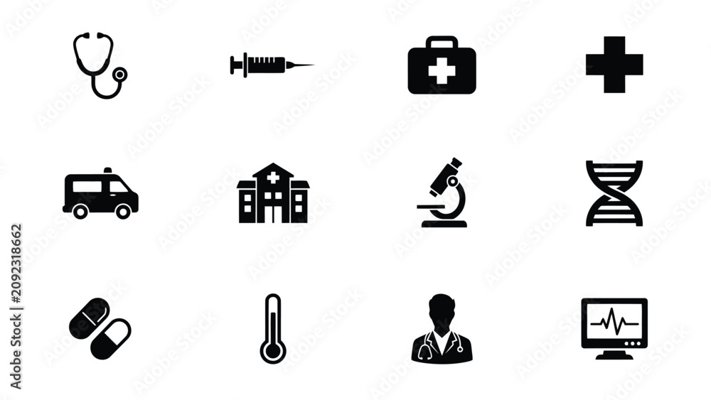 Fototapeta premium Modern minimalist healthcare icons set with monochromatic collection ten distinct icons representing key elements healthcare displays clean monochromatic