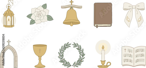 Foto A collection of Christian religious and ceremonial items including a lantern, rose, bell, Bible, bow, church arch, chalice, wreath, candle, and hymnal