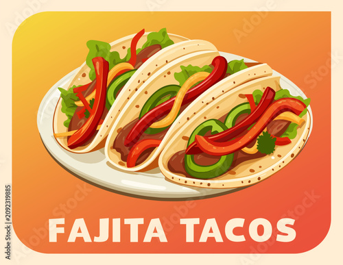 Delicious fajita tacos vector icon, a popular dish from Mexico. Three tortillas, filled with sizzling steak or chicken appetizing lunch scene. Fresh toppings like crisp lettuce, vibrant chili peppers