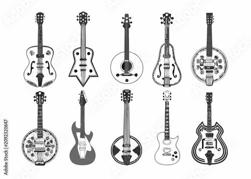 Bild auf Leinwand Diverse Guitar Silhouettes On White Background Monochrome Collection