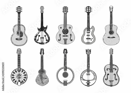 Foto Nine Diverse Guitars And Stringed Instruments Monochrome Vector Illustration