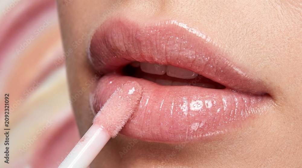 Naklejka premium Pink lip gloss application woman lips makeup beauty cosmetics glossy showing natural finish concept for cosmetic product advertising tutorial content skincare branding and feminine fashion campaigns