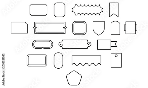 Collection of various black outline label and badge shapes including rectangles, shields, flags, and scalloped borders for