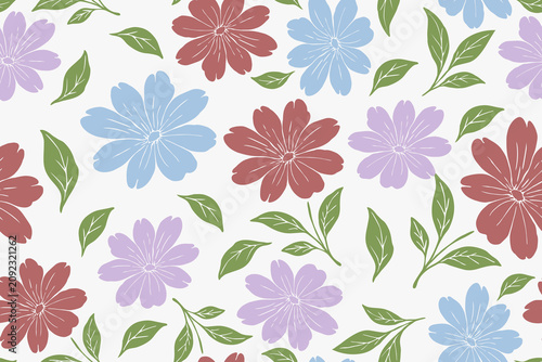Seamless pastel floral pattern with soft blue, lavender, and dusty rose flowers, fresh green leaves, and a white background. Perfect for fabric, wallpaper, and decor.

