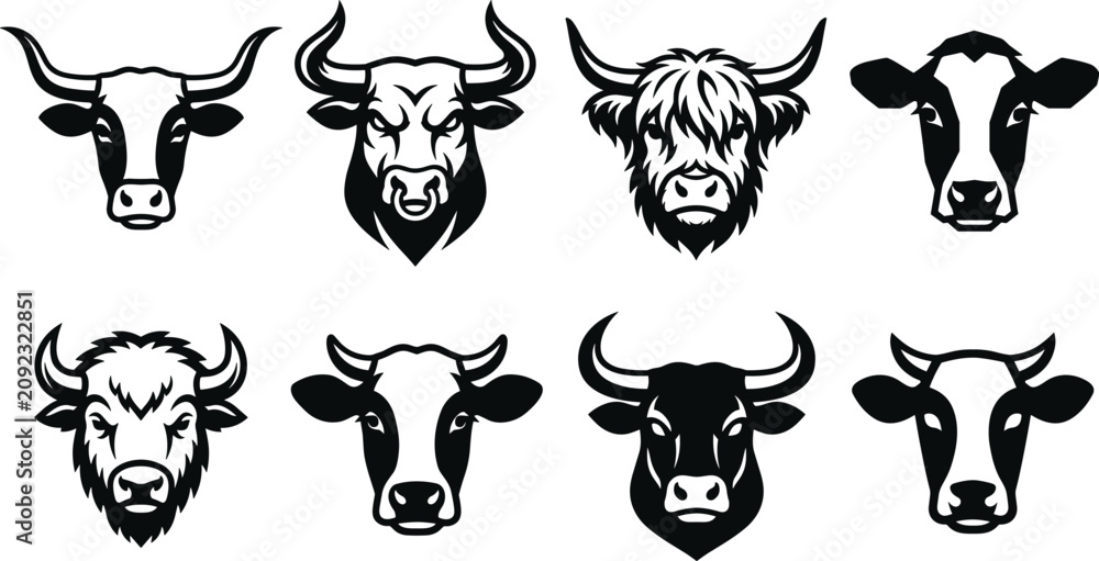 Obraz premium Cow Head and Bull Mascot Icon Set with Horned Cattle Bison and Heifer Vectors for Dairy Farm Agriculture Logos and Brand Identity Designs