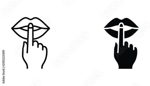 Tableau sur toile Shushing lips gesture icon set with finger over mouth in outline and solid black