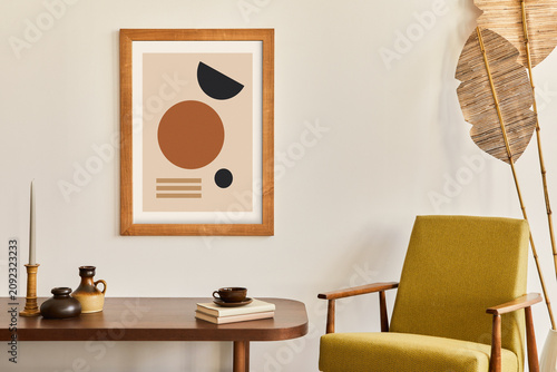 Stylish Living Room Interior with Abstract Artwork, Modern Chair, and Decorative Elements for Home Design