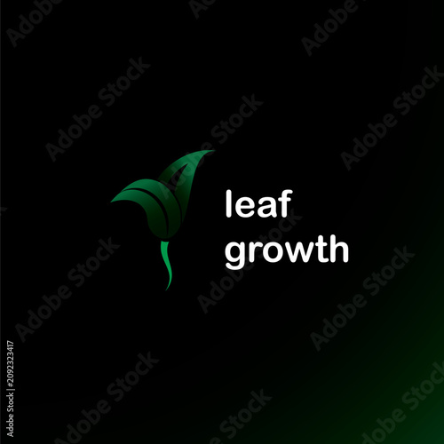 A nature inspired logo featuring a simple leaf shape. The icon concept depicts two growing green leaves. A vector logo showcasing a colored leaf silhouette against a dark green background.