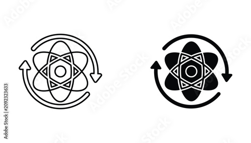 Obraz na płótnie Atom science symbol with rotating arrows icon set in outline and solid style for