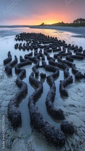 Curving formations of seaweed appear along the shore at sunrise creating a magical scene