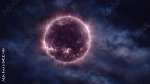 A stunning cosmic display features a bright celestial body amid swirling dark clouds