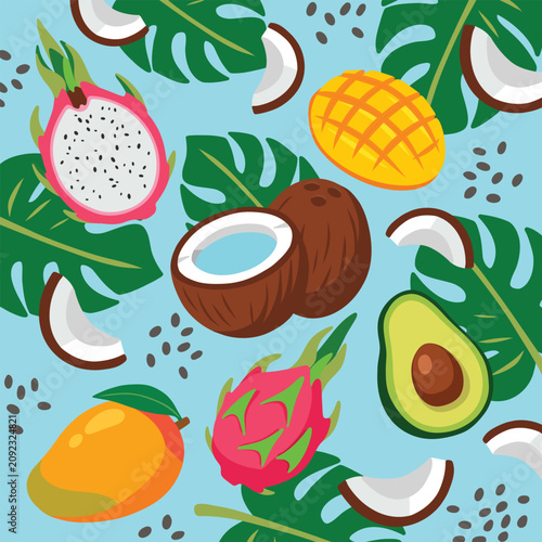 Tropical Seamless Pattern with Exotic Fruits, Coconut, Mango, Pitaya Dragon Fruit, Avocado, Monstera Leaves and Seeds on Light Blue Background