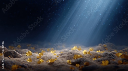 Soft sunlight shines through water highlighting golden leaves on the ocean floor