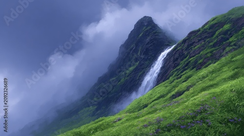 Water cascades down a rocky cliff surrounded by vibrant greenery and swirling clouds