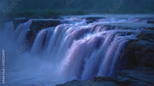 Water pours gracefully over cliffs creating mist in the calm evening light