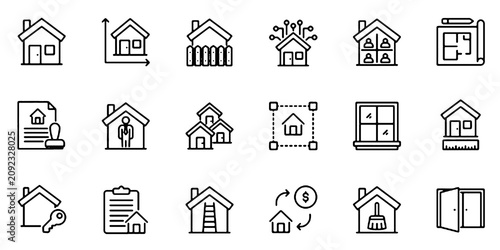Obraz na plátně Set of outline icons related to residence, home, housing, building, property, neighborhood, address, location, real estate, and more