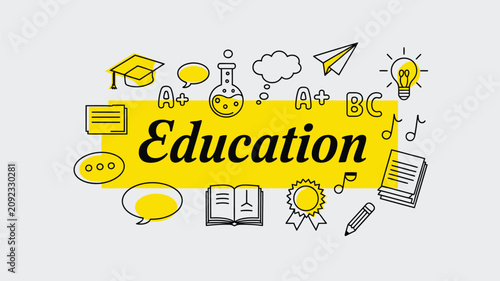Education title surrounded by school symbols like a graduation cap, book, and flask on yellow