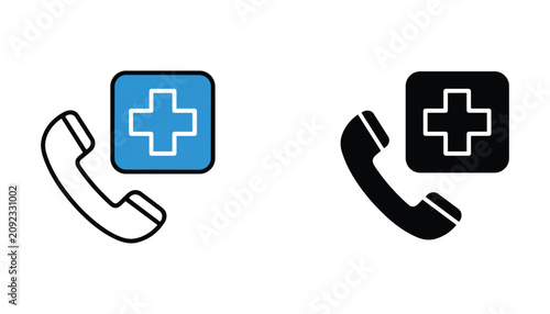 Foto Emergency medical phone call icon set represented by blue and black medical cros
