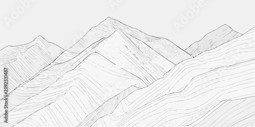Bild auf Leinwand Mountain Range Illustration Black And White Line Drawing