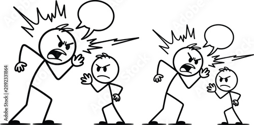 Slika na platnu Angry adult and child cartoon characters, aggressive gestures, black and white v