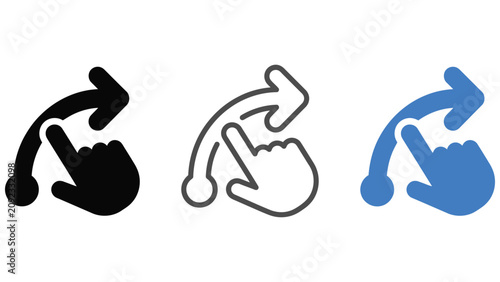 Three icons of hand with index finger pointing to right arrow  web navigation symbols