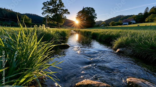 Fluss fließt sanft durch grüne Wiese im goldenen Sonnenuntergangslicht